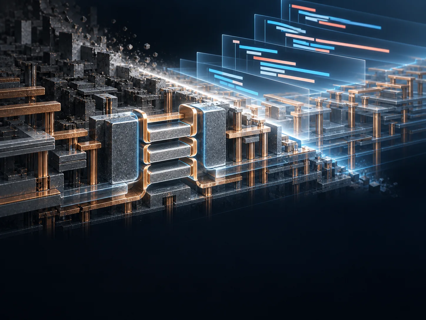 Layered nanosheet transistors rise into abstract code. A bright leading edge advances while disconnected structures fade behind it.